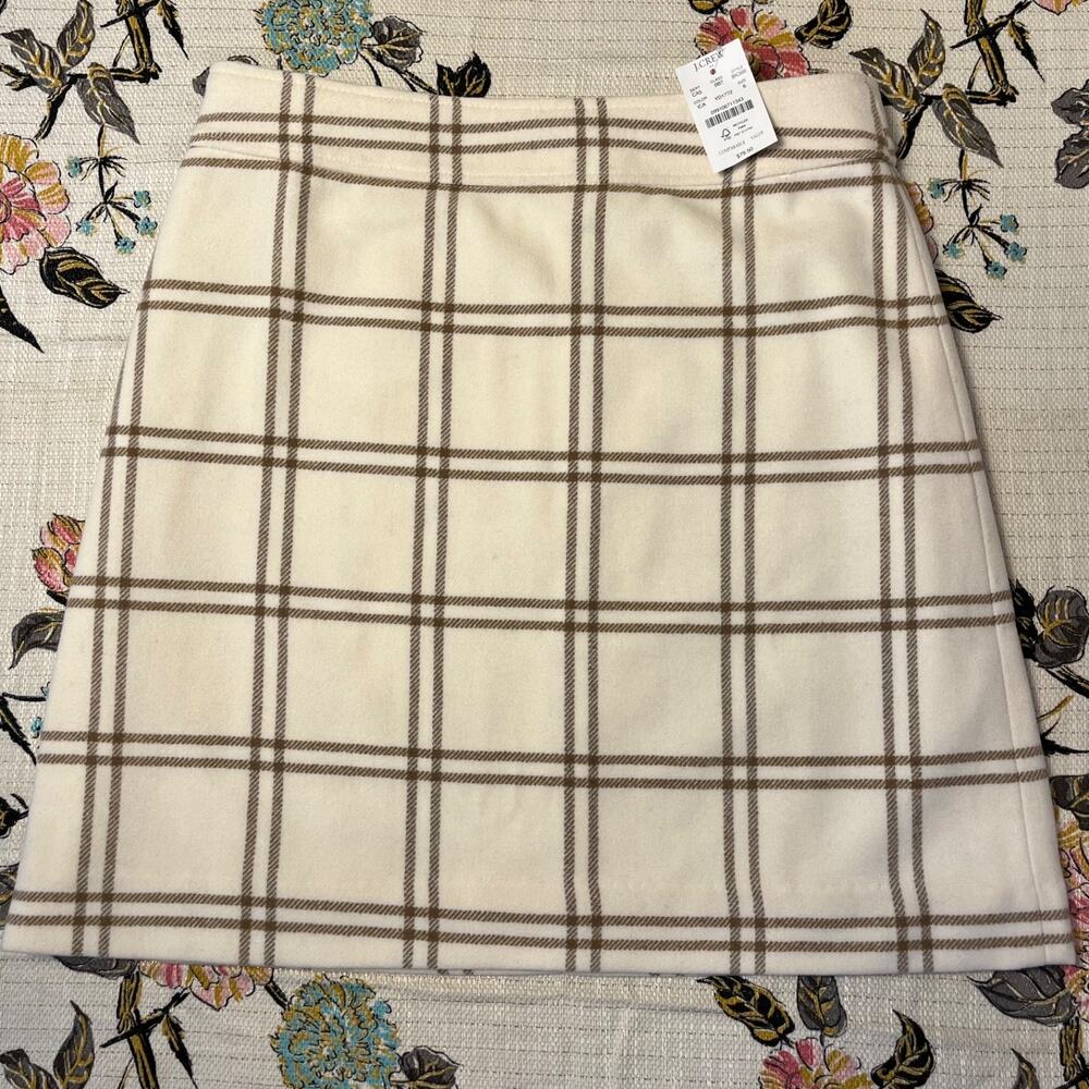 NWT J. Crew Pencil Skirt Wool Blend Size 6 Cream and Brown Plaid Lined